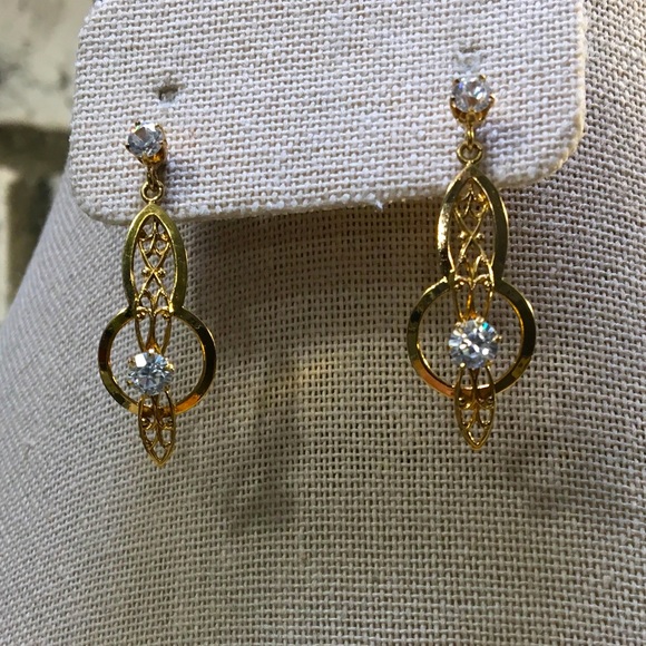 Vintage 10k Lavaliere Earrings w/White Sapphires - Picture 2 of 10